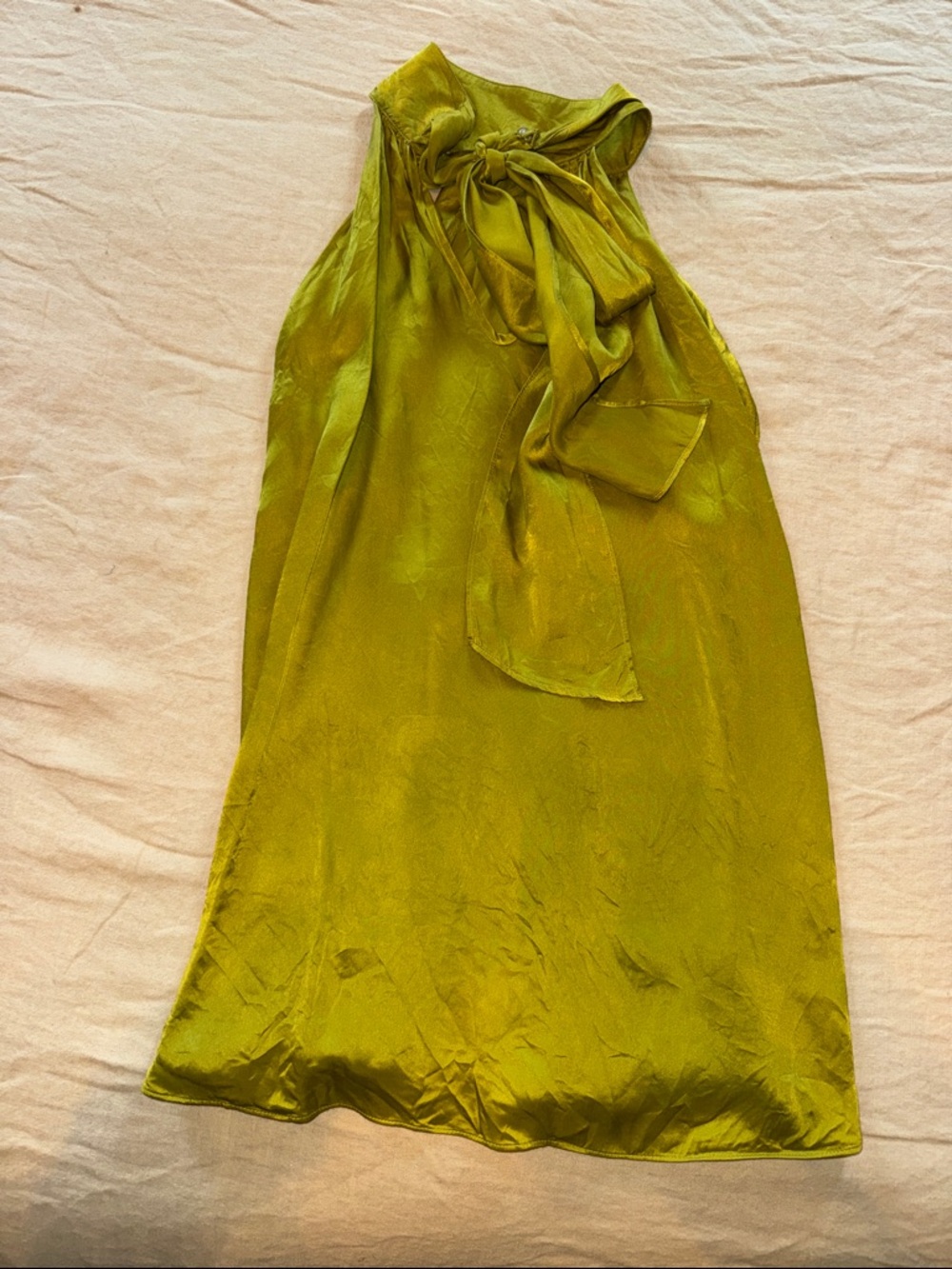 French Connection Satin Tie-Neck Sleeveless Top in Chartreuse Green